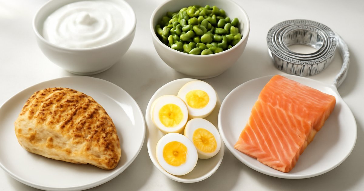 High-protein foods including chicken, eggs, Greek yogurt, and salmon arranged on a kitchen counter for weight loss meal planning